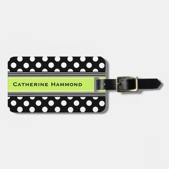 Stylish Black & White Polka Dot Luggage Tag (Front Horizontal)