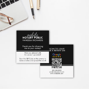Stylish Black & White Review QR Notary Thank You  Square Business Card