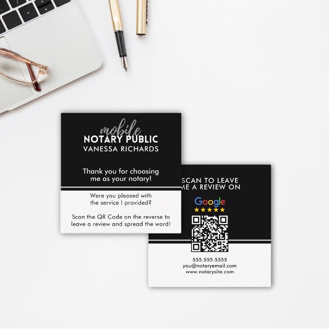 Stylish Black & White Review QR Notary Thank You  Square Business Card (Creator Uploaded)