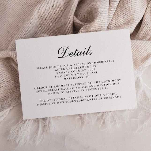 Stylish Black White Script Wedding Details Enclosure Card (Creator Uploaded)