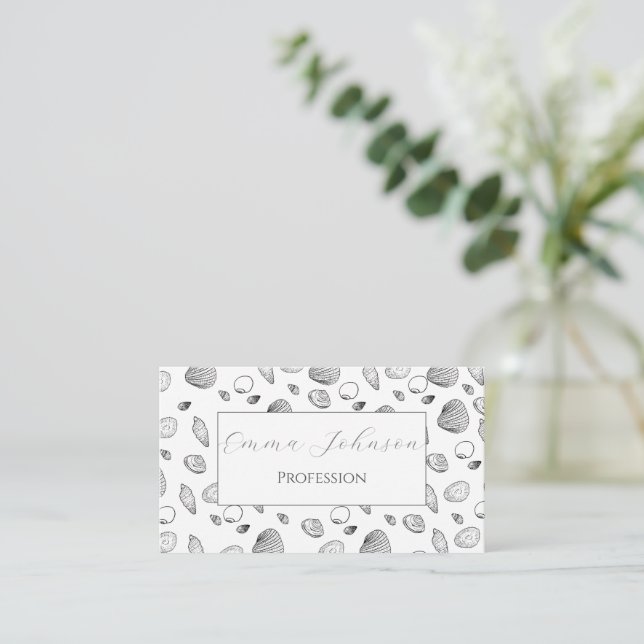 Stylish Black White Seashells Pattern Business Card (Standing Front)