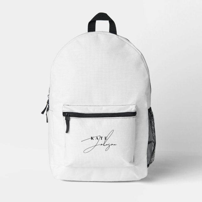 Stylish Black White Signature Script Monogram Printed Backpack (Front)