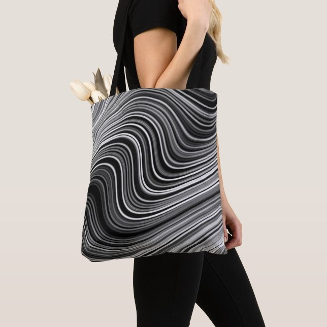 Stylish Black White Silver Grey Wavy Lined Pattern Tote Bag (Close Up)