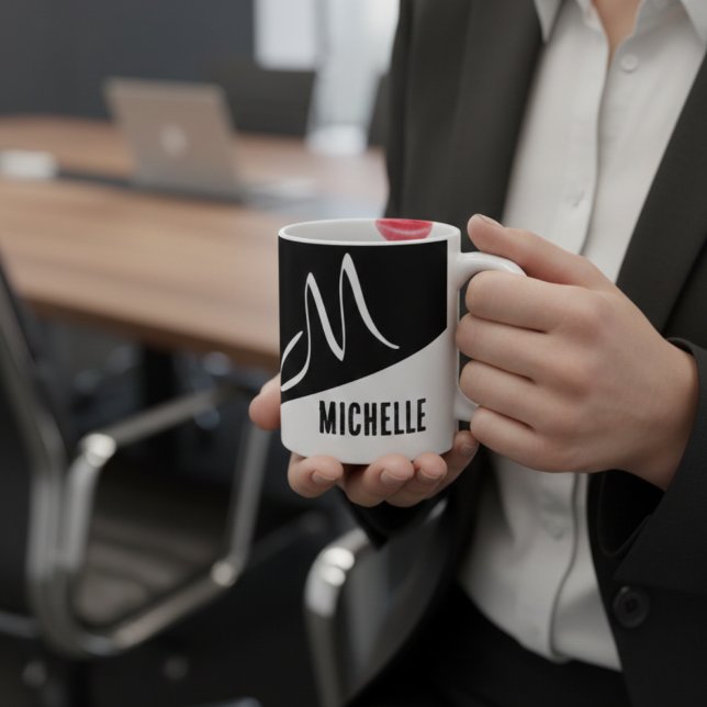 stylish Black & white split script Monogrammed Coffee Mug (Creator Uploaded)