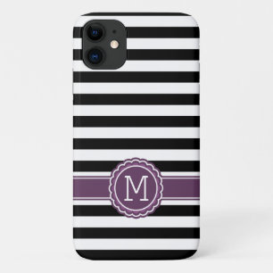 Stylish Black White Stripes Purple Monogram Case-Mate iPhone Case
