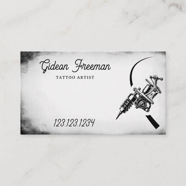 Stylish Black & White Tattoo Gun Business Card (Front)