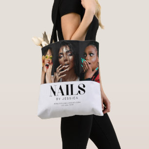Stylish Black White Typography 3 Photo Nail Salon Tote Bag