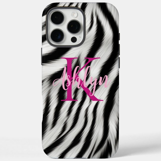 Stylish Black White Zebra Animal Pink Monogram Case-Mate iPhone Case (Back)
