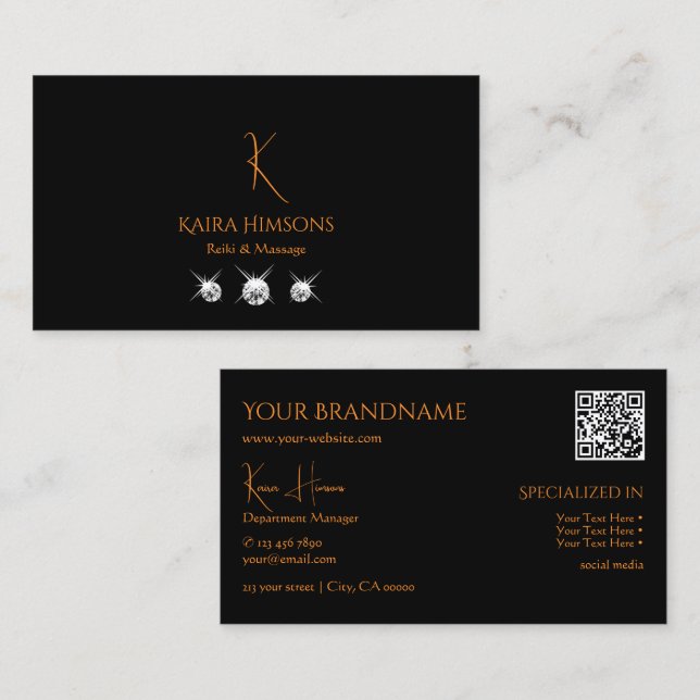 Stylish Black with Monogram QR Code and Jewels Business Card (Front/Back)