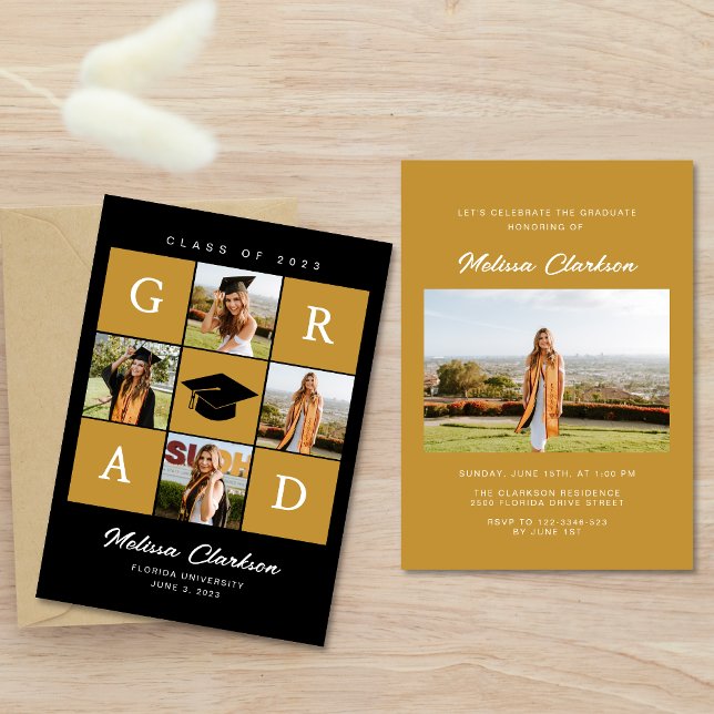 Stylish Black & Yellow 4 GRAD Photos Graduation Invitation (Creator Uploaded)