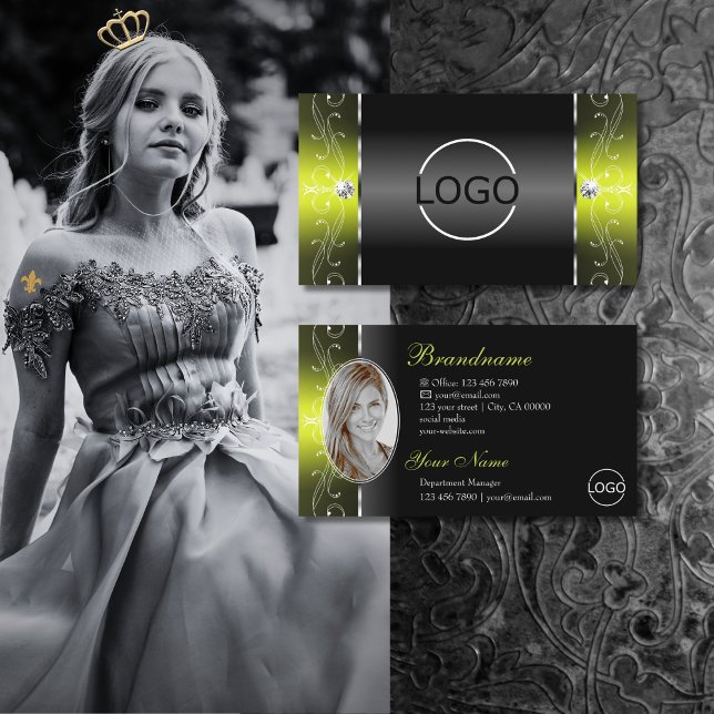 Stylish Black Yellow Squiggled Jewels Logo & Photo Business Card (Creator Uploaded)