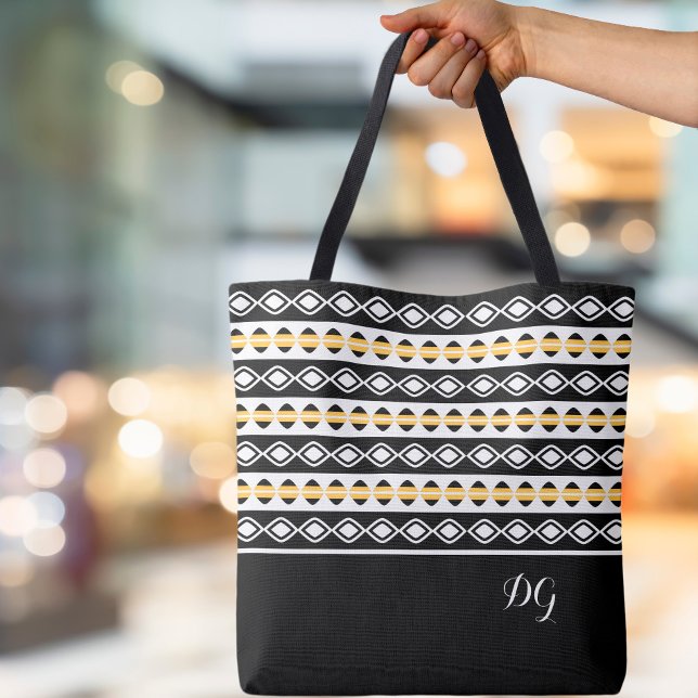 Stylish Black Yellow & White Geometric Pattern Tote Bag (Stylish Custom Monogrammed Initials Ornamental Black White Yellow Pattern Geometric Canvas Tote Bag)