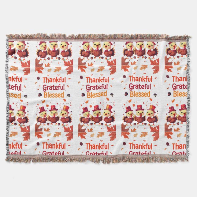 Stylish Blessed, Grateful Thankful Thanksgiving Throw Blanket (Front)
