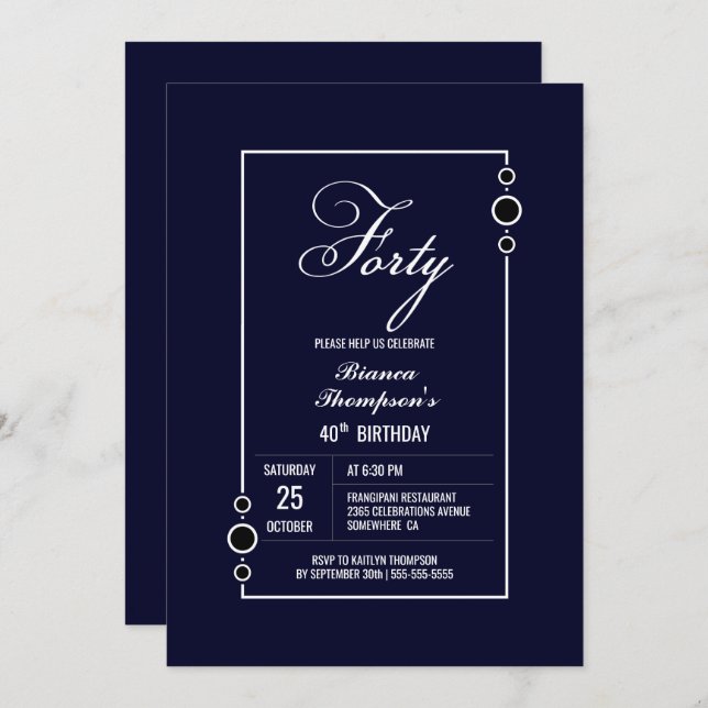 Stylish Blue 40th Birthday Party Invitation (Front/Back)