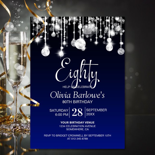 Stylish Blue 80th Birthday Party Invitation (Creator Uploaded)