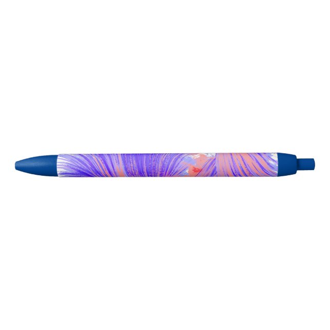 Stylish Blue Abstract Feathers Black Ink Pen (Front)