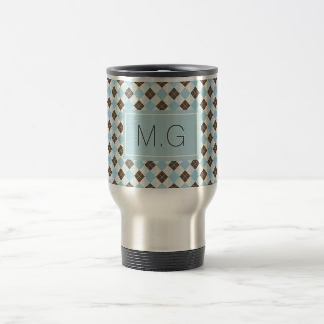 Stylish Blue and Brown Argyle Pattern Monogram Travel Mug (Center)