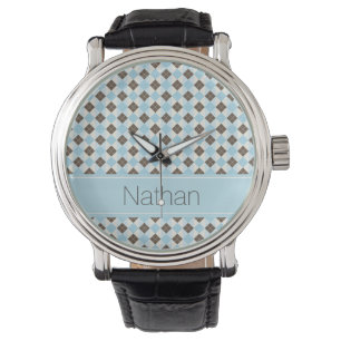 Stylish Blue and Brown Argyle Pattern Personalised Watch
