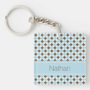Stylish Blue and Brown Personalised Argyle Pattern Key Ring