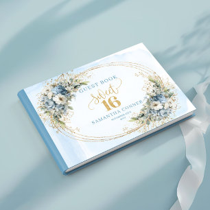 Stylish Blue and Gold Greenery Sweet Sixteen Guest Guest Book