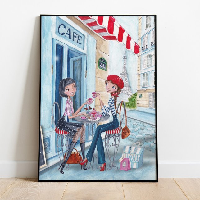 Stylish blue and red Tea in Paris illustration Poster (Creator Uploaded)