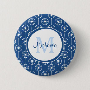 Stylish Blue and White Hearts Monogram With Name 6 Cm Round Badge