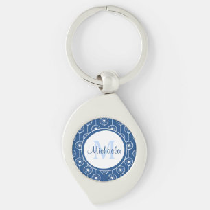 Stylish Blue and White Hearts Monogram With Name Key Ring