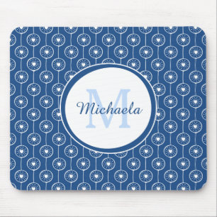 Stylish Blue and White Hearts Monogram With Name Mouse Pad