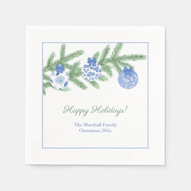 Stylish Blue And White Ornaments Holidays Party Napkin (Front)
