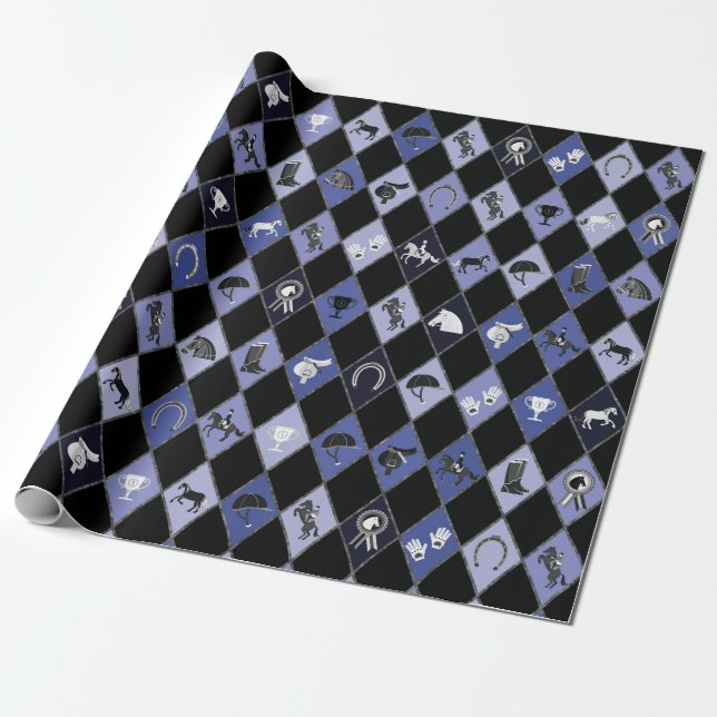 Stylish Blue Black Equestrian Diamond Pattern Wrapping Paper (Unrolled)