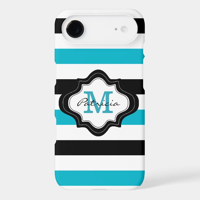 Stylish Blue Black White Stripes Custom Monogram Case-Mate iPhone Case (Back)