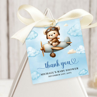 Stylish Blue Brown Teddy Bear Aviator Boy Shower Favour Tags