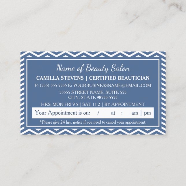Stylish Blue Chevron Salon Appointment Reminder Card (Front)