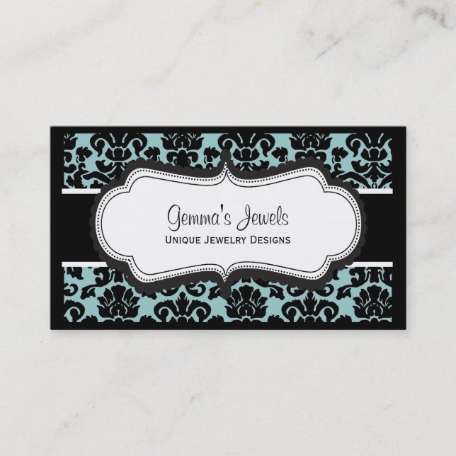 Stylish Blue Damask Business Cards (Front)