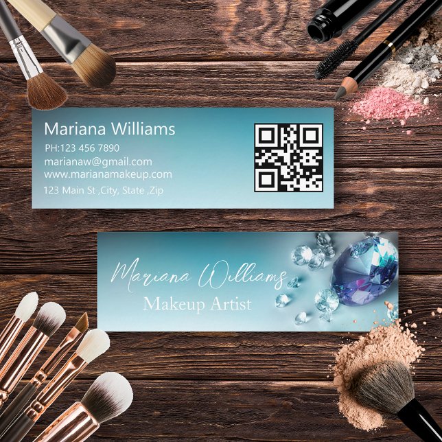 stylish blue diamonds makeup artist qr code  mini business card (Creator Uploaded)