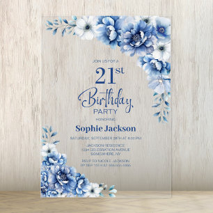 Stylish Blue Floral 21st Birthday Party Acrylic Invitations