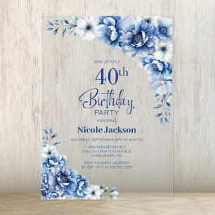Stylish Blue Floral 40th Birthday Party Acrylic Invitations