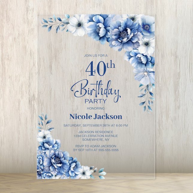 Stylish Blue Floral 40th Birthday Party Acrylic Invitations (Creator Uploaded)