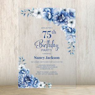 Stylish Blue Floral 75th Birthday Party Acrylic Invitations