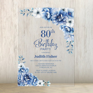 Stylish Blue Floral 80th Birthday Party Acrylic Invitations