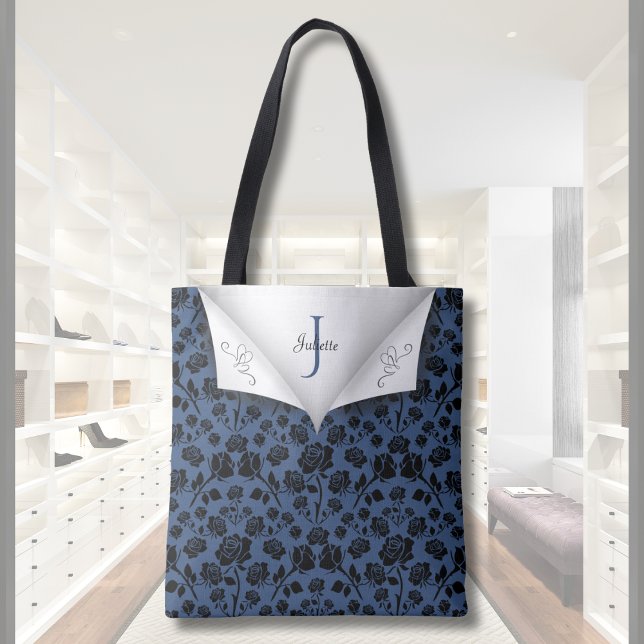 Stylish Blue Floral Monogrammed Tote Bag (Stylish Blue Floral Monogrammed Tote Bag)
