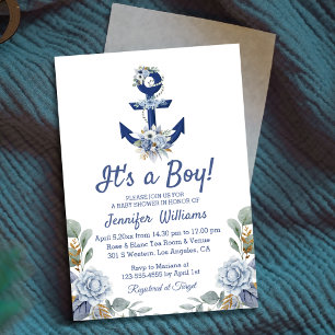 stylish blue floral nautical boy baby shower invitation