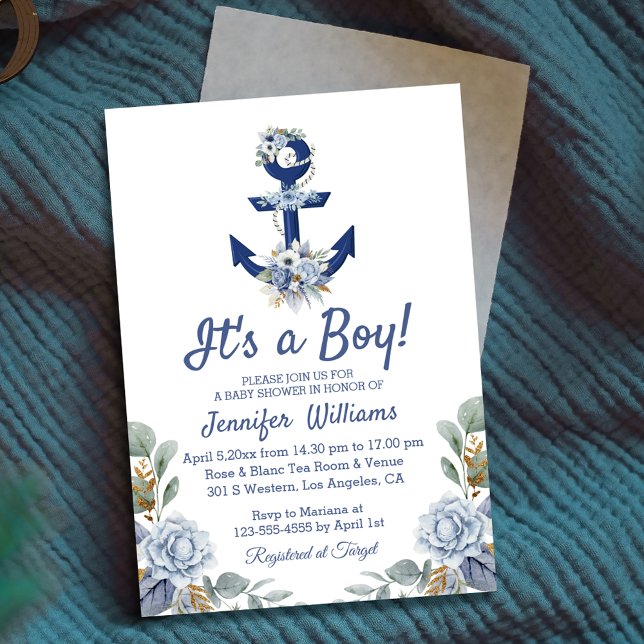 stylish blue floral nautical boy baby shower  invitation (Creator Uploaded)