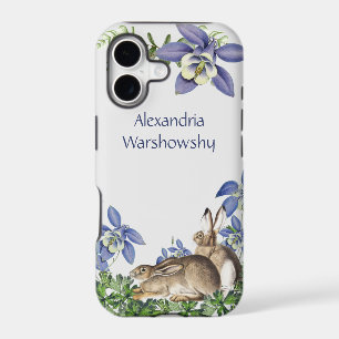 Stylish Blue Floral Rabbit Vintage Watercolor