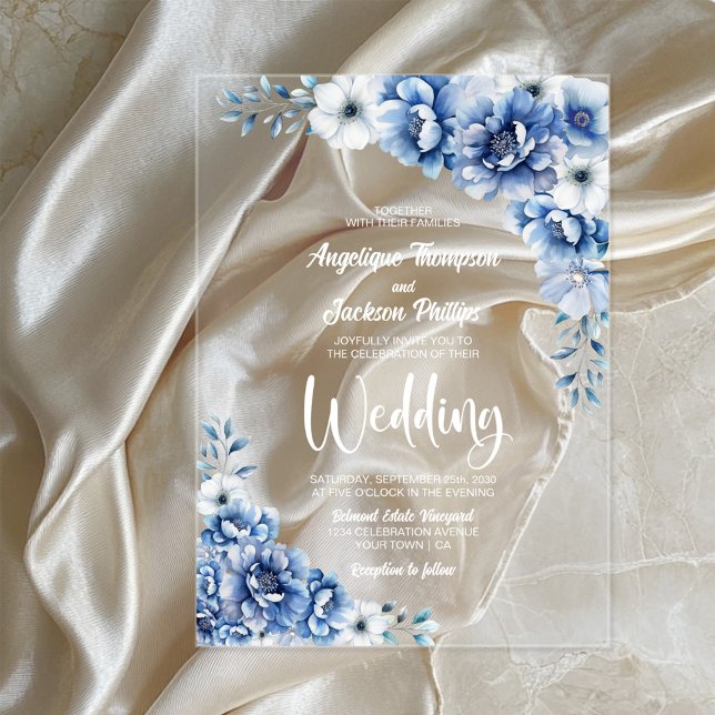 Stylish Blue Floral Wedding Acrylic Invitations (Creator Uploaded)