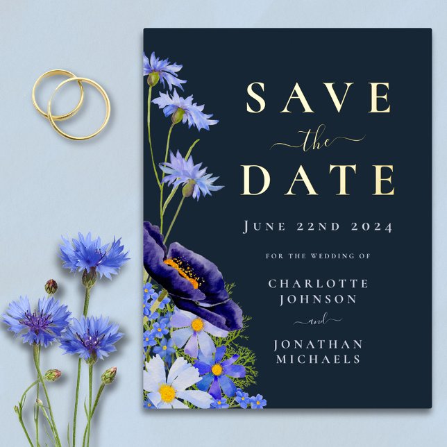 Stylish Blue Floral Wedding Gold Foil Invitation Postcard (Stylish blue floral gold foil wedding save the date invitation postcard )