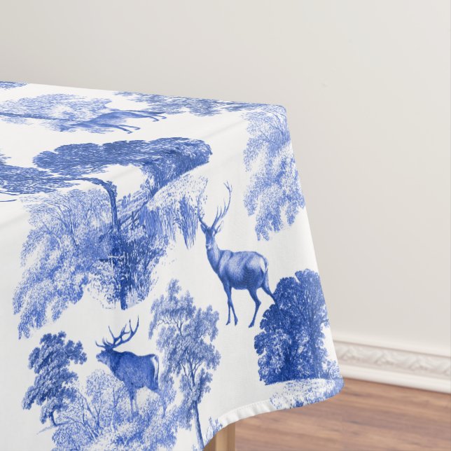 Stylish Blue French Toile Deer Forest Pattern Tablecloth (In Situ)