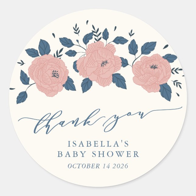 Stylish Blue Garden Flower Baby Shower Thank You Classic Round Sticker (Front)