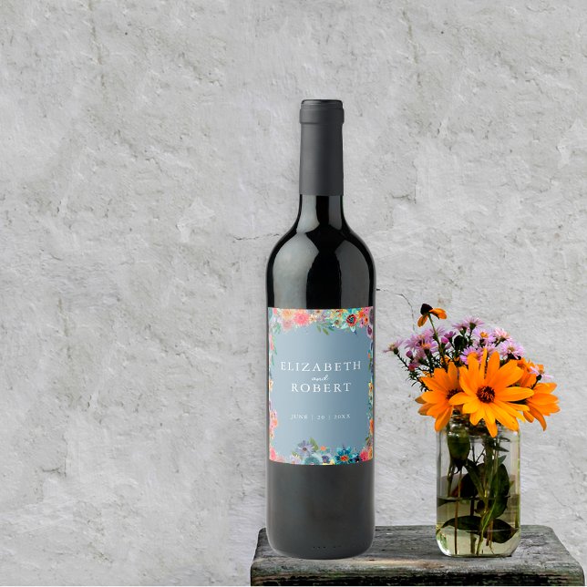 Stylish Blue Garden Rustic Boho Chic Wildflower Wine Label (Creator Uploaded)