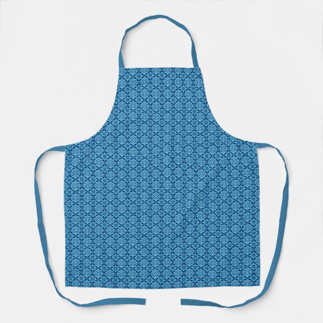 Stylish Blue Geometric Floral Pattern Apron (Front)